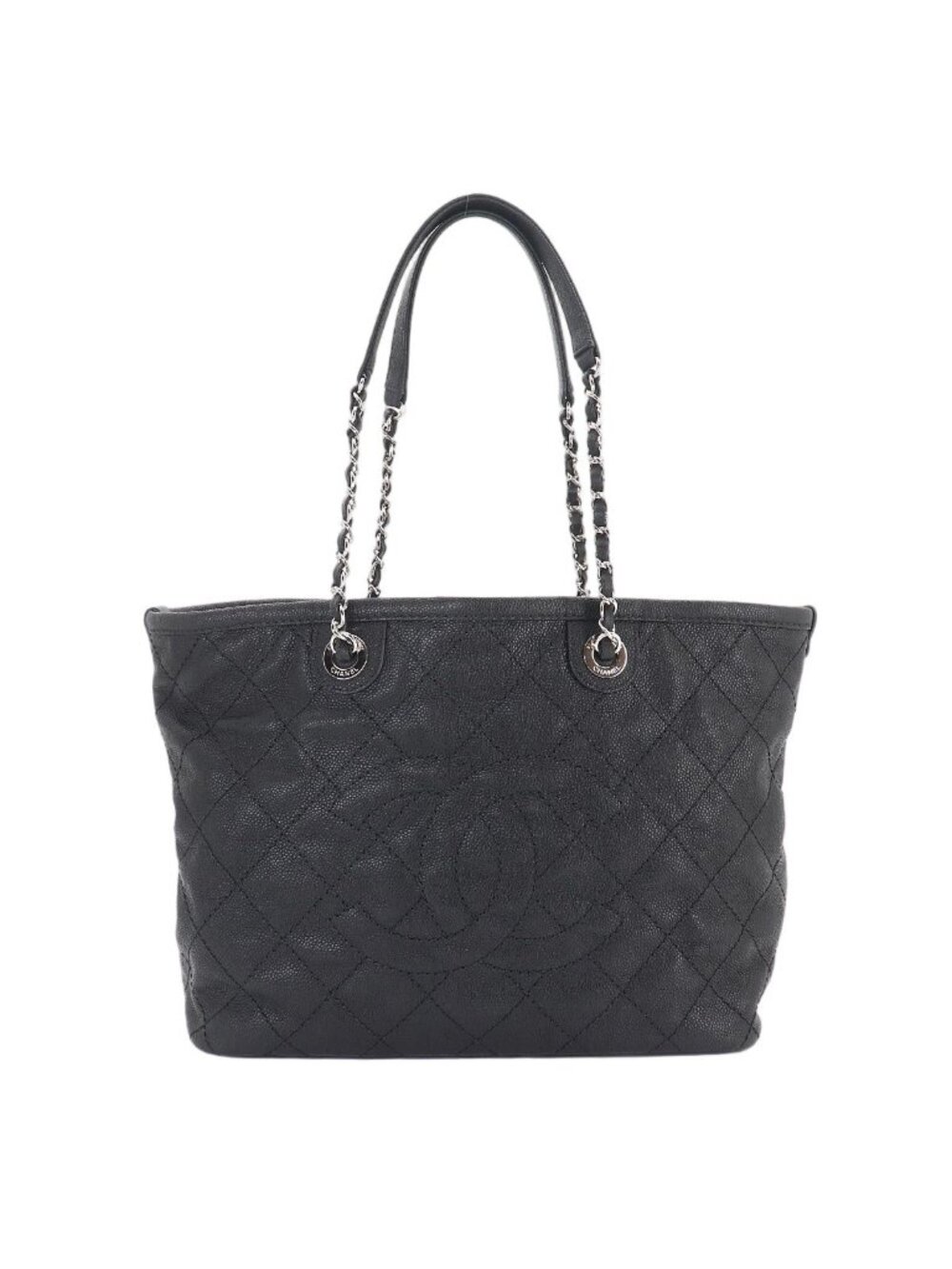 Chanel Quilted Chain Tote Bag Caviar Leather Black Silver